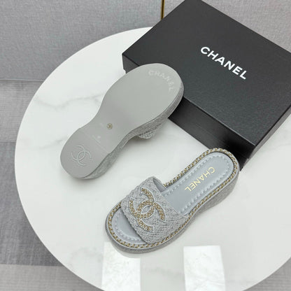 CC WEDGE SOLE SANDALS 25S IN DUSTY BLUE GREY FABRIC WITH LOGO