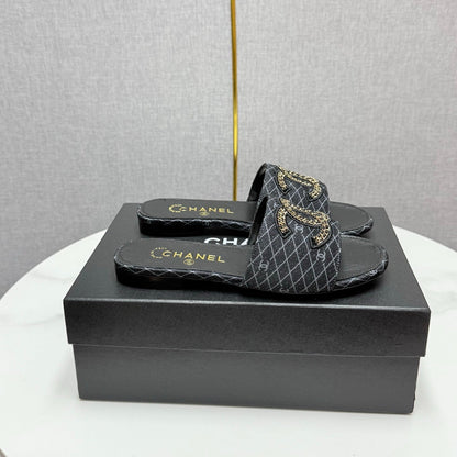 CC SLIDE SANDALS 25S IN BLACK DENIM AND CALFSKIN WITH LOGO
