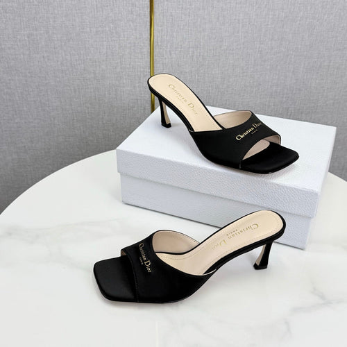 DIOR 26S HIGH-HEELED MULES IN BLACK SATIN GOLD HARDWARE