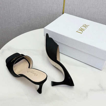 DIOR 26S HIGH-HEELED MULES IN BLACK SATIN GOLD HARDWARE