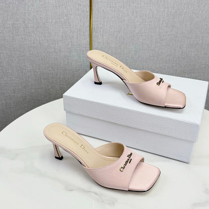 DIOR 26S HIGH-HEELED MULES IN LIGHT PINK SATIN GOLD HARDWARE