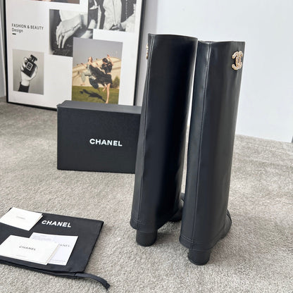 CHANEL 25S HIGH BOOTS 55MM IN BLACK CALFSKIN AND CANVAS GOLD HARDWRE