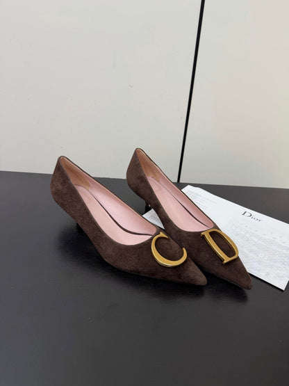 DIOR 26S POINTED-TOE HIGH HEELS 35MM IN DARK BROWN SUEDE GOLD HARDWARE