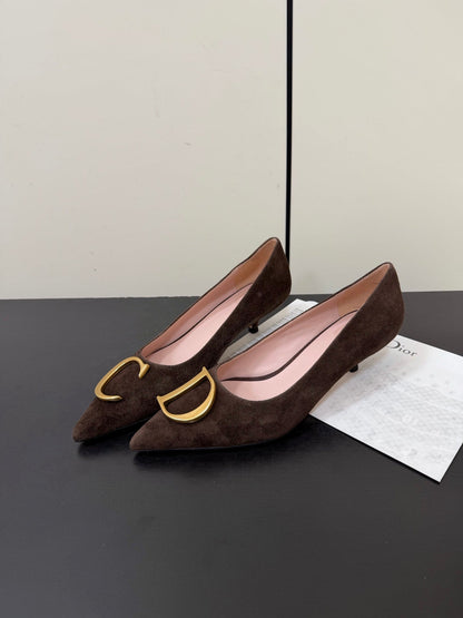 DIOR 26S POINTED-TOE HIGH HEELS 35MM IN DARK BROWN SUEDE GOLD HARDWARE