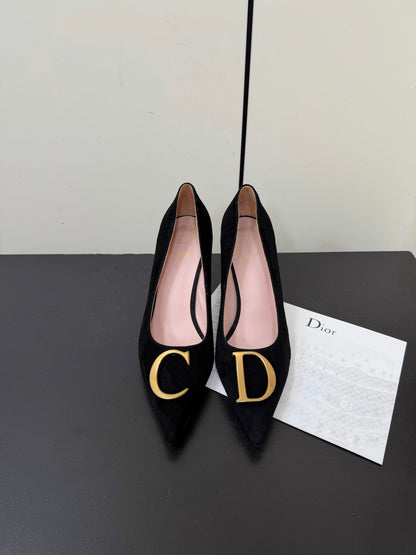 DIOR 26S POINTED-TOE HIGH HEELS 70MM IN BLACK SUEDE GOLD HARDWARE