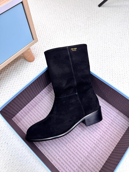 PRADA 25S LOW-CUT BOOTS IN BLACK SUEDE