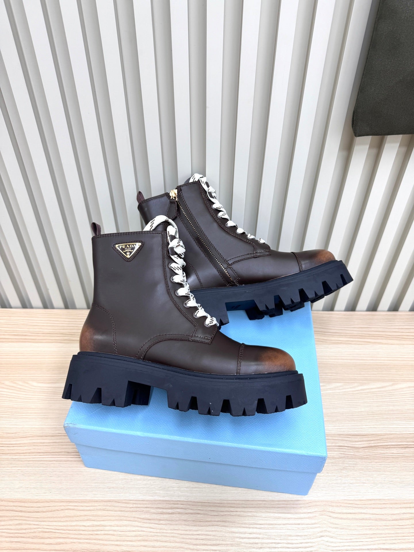 PRADA 25S MONOLITH BOOTS IN DARK BROWN CALFSKIN