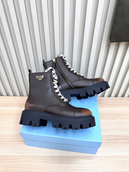 PRADA 25S MONOLITH BOOTS IN DARK BROWN CALFSKIN
