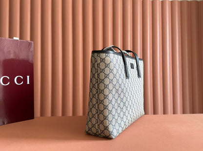 MEDIUM TOTE BAG 38 IN BEIGE AND BROWN GG COATED FABRIC BLACK CALFSKIN