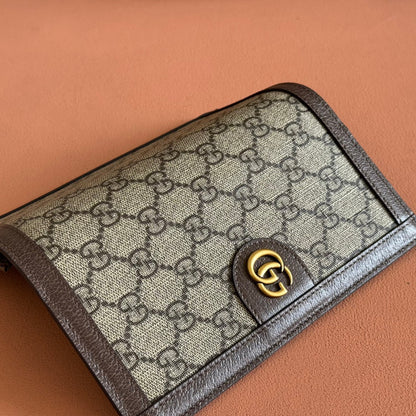 OPHIDIA CARD CASE 19 IN BEIGE BROWN COATED FABRIC AND CALFSKIN