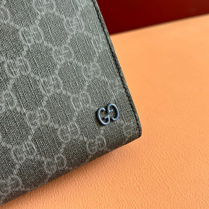 OPHIDIA POUCH 26 IN DARK GREY MONOGRAM CANVAS AND NAVY BLUE CALFSKIN TRIM