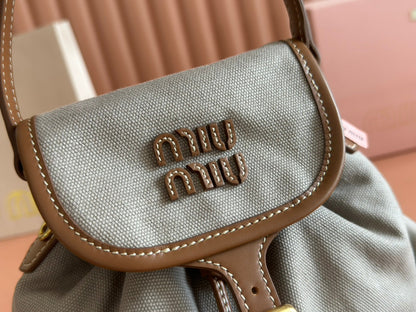 BACKPACK 22 IN GREY CANVAS BROWN CALFSKIN
