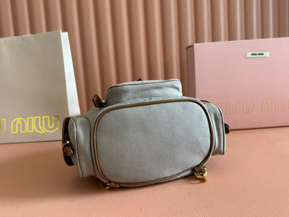 BACKPACK 22 IN GREY CANVAS BROWN CALFSKIN