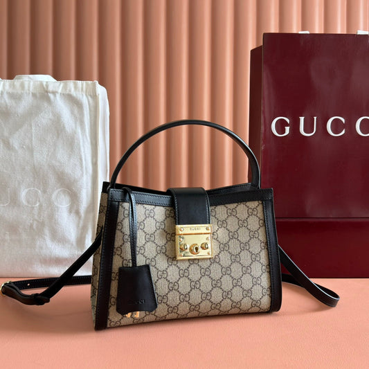GUCCI 26S PADLOCK TOP HANDLE BAG 25 IN DARK BEIGE AND BLACK CALFSKIN