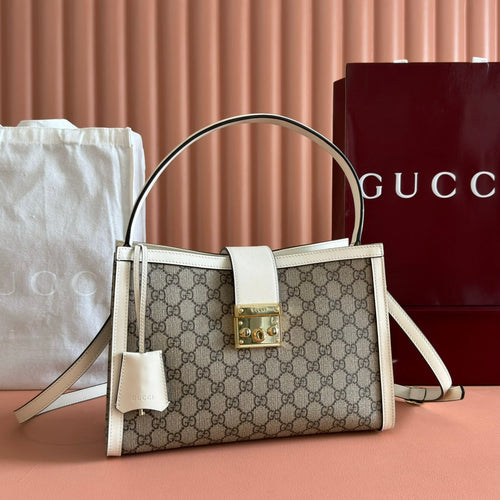 GUCCI 26S PADLOCK TOP HANDLE BAG 31 IN DARK BEIGE AND WHITE CALFSKIN