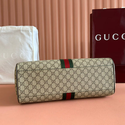GUCCI 26S OPHIDIA HANDBAG 39 IN BROWN AND DARK BEIGE CANVAS