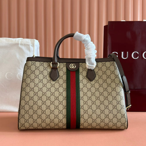 GUCCI 26S OPHIDIA HANDBAG 39 IN BROWN AND DARK BEIGE CANVAS
