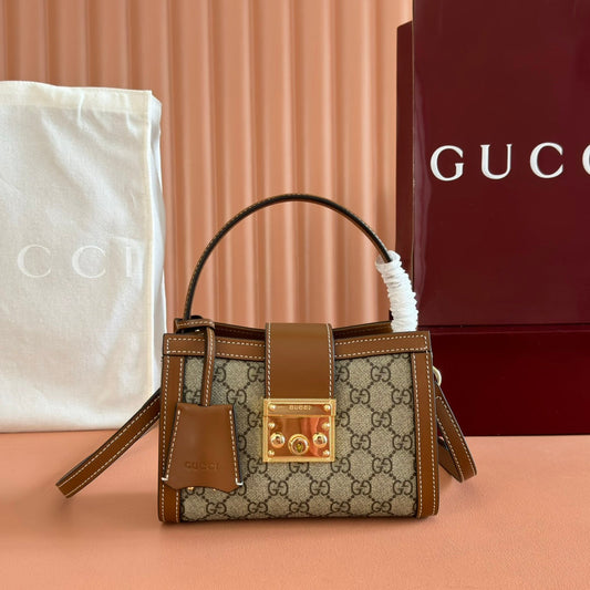 GUCCI 26S PADLOCK TOP HANDLE BAG 31 IN DARK BEIGE AND BROWN CALFSKIN