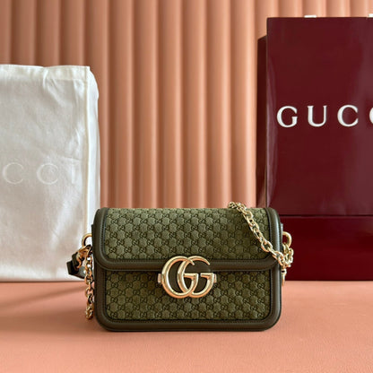 GUCCI 26S SHOULDER BAG 21 IN MOSS GREEN EMBOSSED SUEDE AND CALFSKIN