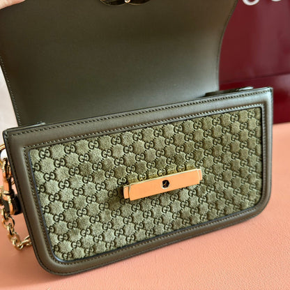 GUCCI 26S SHOULDER BAG 21 IN MOSS GREEN EMBOSSED SUEDE AND CALFSKIN