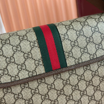 GUCCI 25S OPHIDIA MEDIUM CROSSBODY BAG 28 IN BEIGE CANVAS AND BROWN CALFSKIN