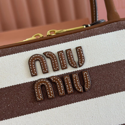 MIUMIU 25S BEAU BAG 28 BROWN AND BEIGE STRIPES IN CANVAS AND CALFSKIN