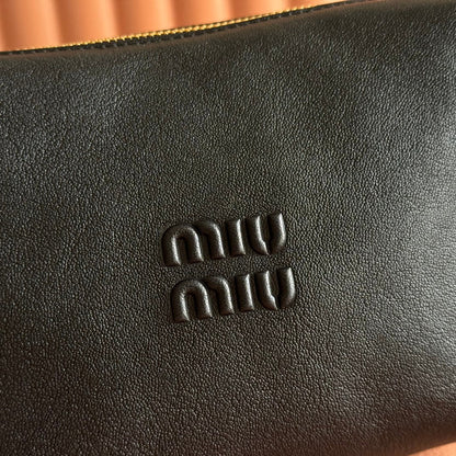 MIUMIU 26S CORDUROY POUCH BAG 25 IN BLACK CALFSKIN GOLD HARDWARE