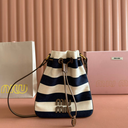 MIUMIU 26S BUCKET BAG 23 IN CREAM AND NAVY BLUE CANVAS GOLD HARDWARE