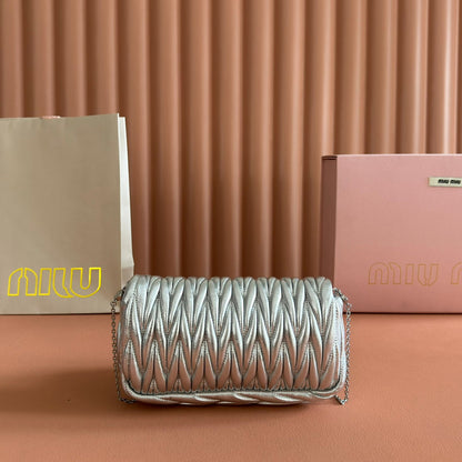 MIUMIU 26S MATELASSE MINI BAG 18 IN SILVER CALFSKIN SILVER HARDWARE