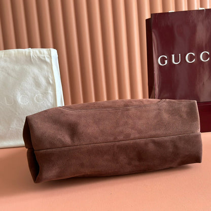 GUCCI 25S HANDBAG 46 CM IN DARK CACAO BROWN SUEDE WITH GOLD HARDWARE