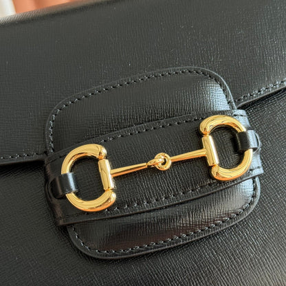 GUCCI 25S HORSEBIT 1955 MEDIUM SHOULDER BAG 29 CM IN BLACK CALFSKIN WITH GOLD HARDWARE