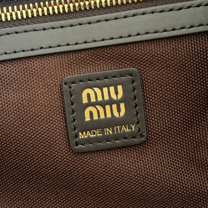 MIUMIU 26S MEDIUM BACKPACK 29 IN CHOCOLATE BROWN CANVAS BLACK CALFSKIN