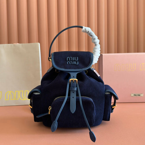 MIUMIU 26S BACKPACK 22 IN DARK BLUE CANVAS BLUE CALFSKIN