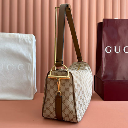 GUCCI 26S SHOULDER BAG 38 IN WARM BEIGE AND BROWN CANVAS