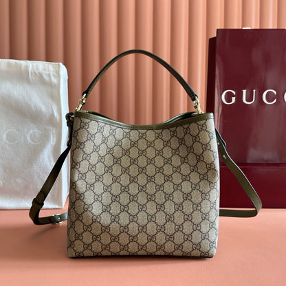 GUCCI 26S HAND BAG 25 IN DARK BEIGE AND MOSS GREEN CANVAS