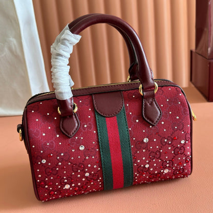 GUCCI 26S OPHIDIA BOSTON BAG 21 IN DARK RED CANVAS EMBELLISHED WITH RHINESTONES