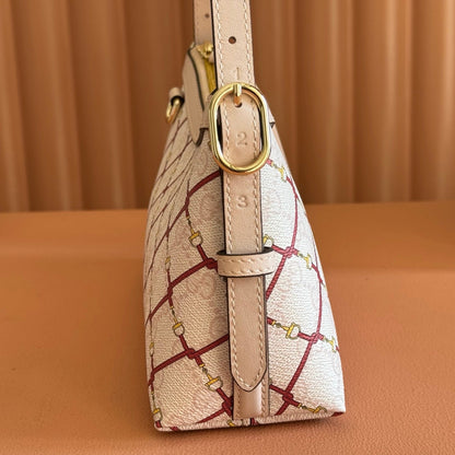 GUCCI 26S GG EMBLEM BUCKET BAG 22 IN LIGHT PINK COATED FABRIC