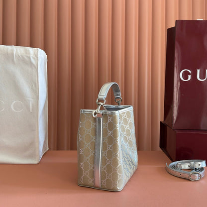 GUCCI 26S GG EMBLEM BUCKET BAG 19 IN BEIGE AND SILVER CANVAS