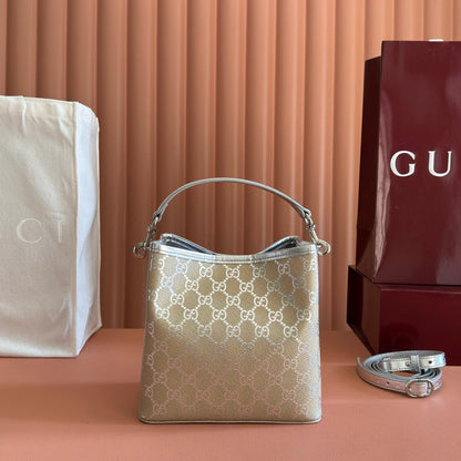 GUCCI 26S GG EMBLEM BUCKET BAG 19 IN BEIGE AND SILVER CANVAS