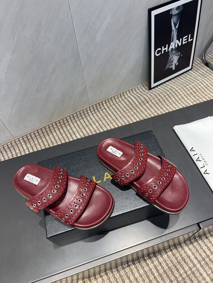 ALAIA DOUBLE-STRAP SANDALS 25S IN DARK RED CALFSKIN