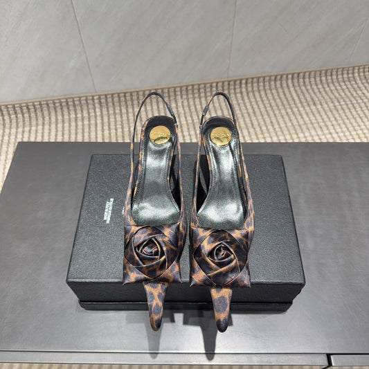 YSL 26S HEELED SLINGBACKS 50 MM IN LEOPARD PRINT FABRIC