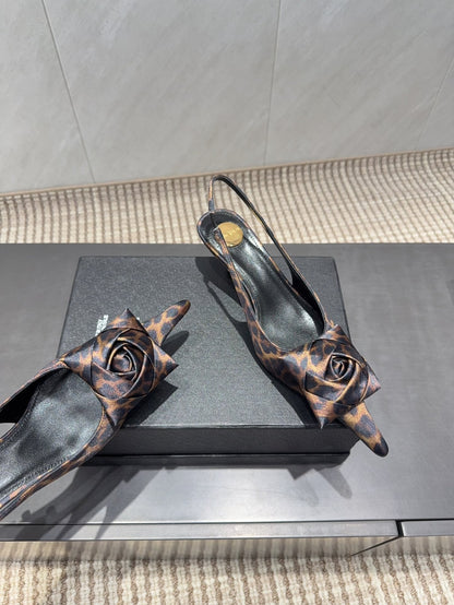 YSL 26S HEELED SLINGBACKS 50 MM IN LEOPARD PRINT FABRIC