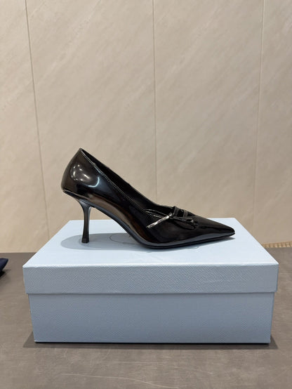 PRADA 26S POINTED TOE HEELS 75MM IN BLACK CALFSKIN WITH BOW