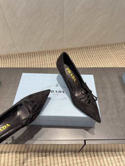 PRADA 26S POINTED TOE HEELS 75MM IN BLACK SUEDE WITH BOW