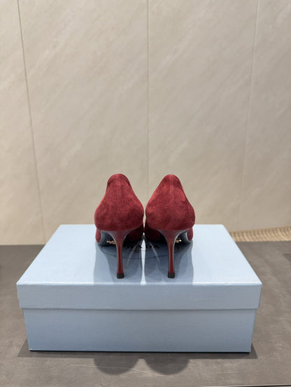 PRADA 26S POINTED TOE HEELS 75MM IN BURGUNDY RED SUEDE WITH BOW