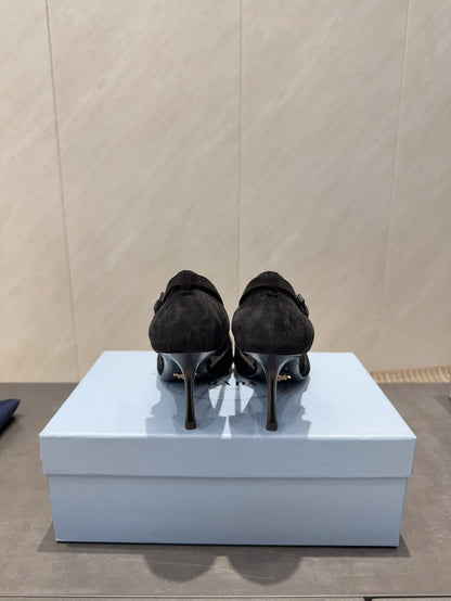 PRADA 26S POINTED TOE CUT OUT HIGH HEELS 75MM IN BLACK SUEDE WITH BOW