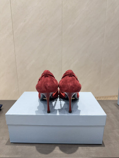 PRADA 26S POINTED TOE CUT OUT HIGH HEELS 75MM IN BURGUNDY RED SUEDE WITH BOW