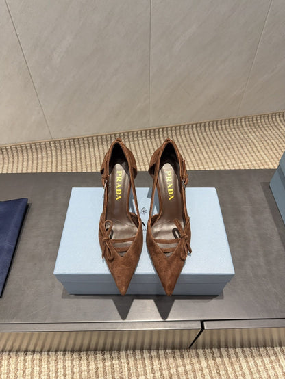 PRADA 26S POINTED TOE CUT OUT HIGH HEELS 75MM IN DARK BROWN SUEDE WITH BOW