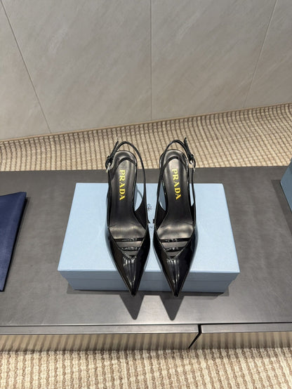 PRADA 26S POINTED TOE SLINGBACK HIGH HEELS 75MM IN BLACK CALFSKIN