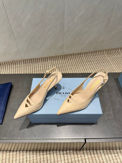 PRADA 26S POINTED TOE SLINGBACK HIGH HEELS 75MM IN BEIGE CALFSKIN